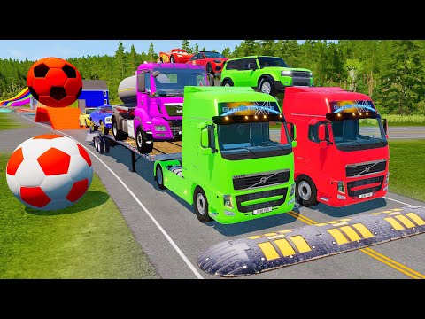 Double Flatbed Trailer Truck vs Speedbumps Train vs Cars | Tractor vs Train Beamng.Drive 002