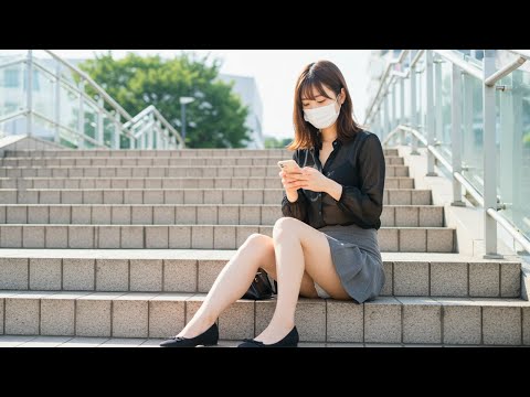 スマホに夢中で丸出しな事に気づいてない階段に座るミニスカ女子