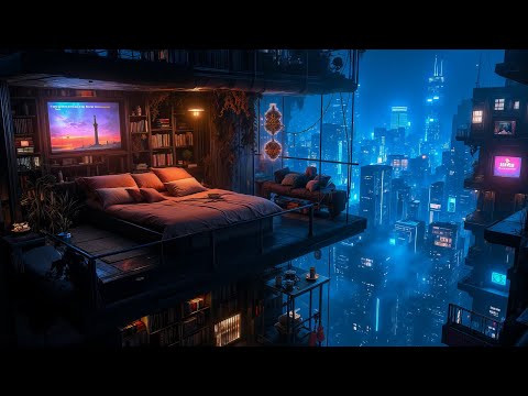 Nightfall in Cyber City: Rain and Ambient Music | Deep Sleep Escape in a Futuristic Room