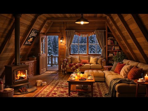 Stress Relief in Cozy Cabin Ambience with Soft Jazz & Crackling Fireplace ❄️ Warm Winter Atmosphere