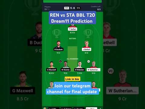 REN vs STA BBL T20 Dream11 Prediction| REN vs STA  BBL T20 Dream11Final small league Team #dream11