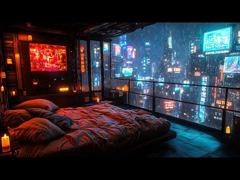 Cyberpunk City Rainfall: Rain And Ambient Music | Cozy Balcony In A Futuristic Skytower