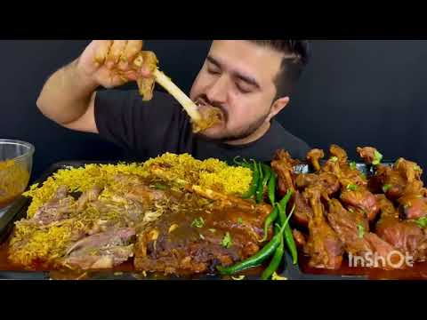 ASMR EATING MUTTON LEG +CHICKEN LEG CURRY WITH MASALA CHAWAL#mukbang #asmreating #muttoncurry