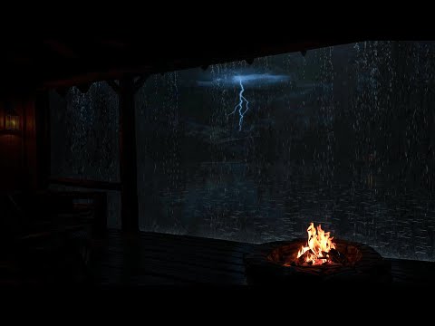 🌩️ Intense Stormy Night Ambience | Heavy Rain, Thunder & Cozy Fireplace Glow 🔥🌧️